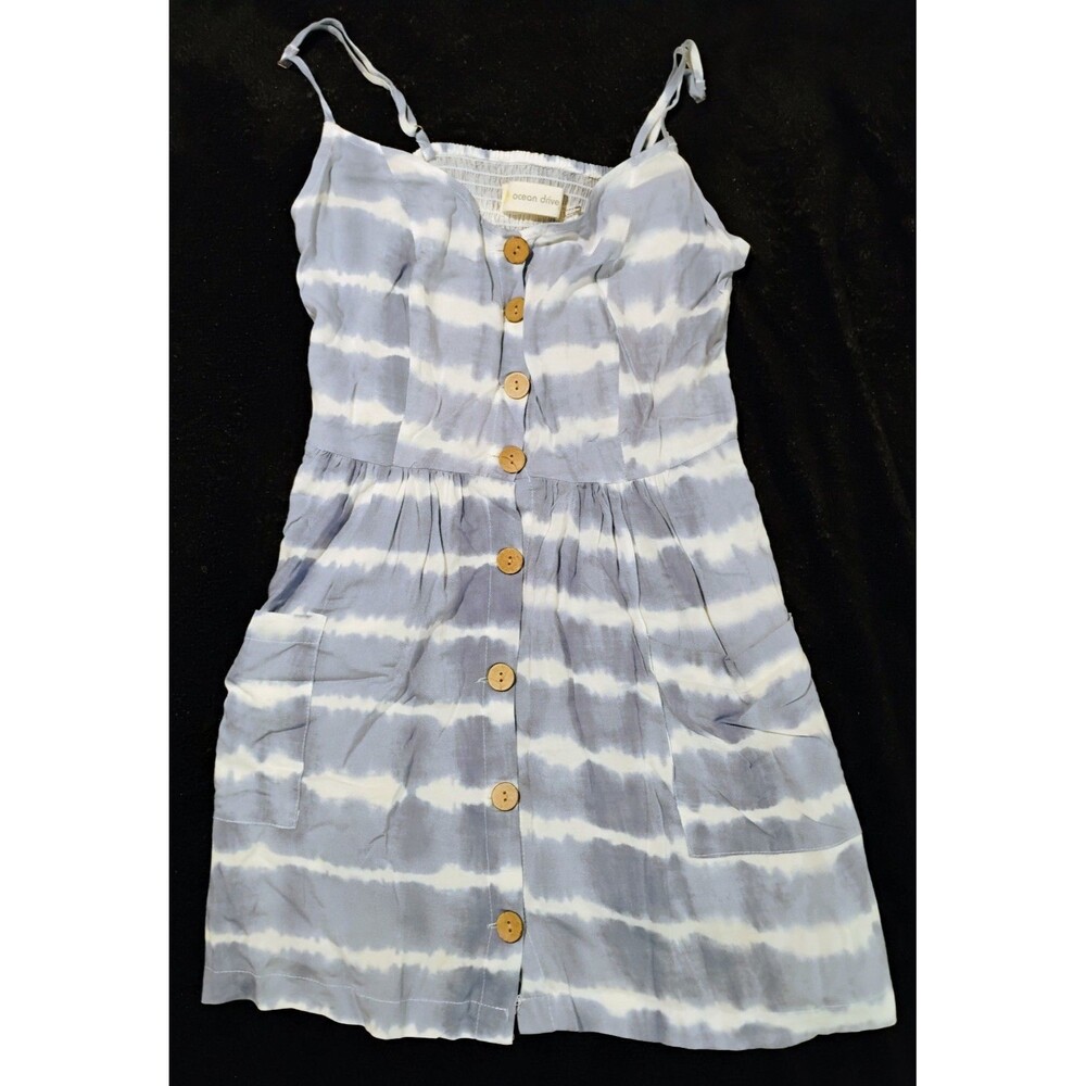 Ocean Drive Blue & White Tie Dye Button Front Mini Dress